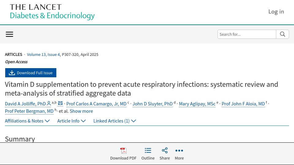 Screenshot of thelancet.com: Vit D supplementation to prevent acute resp infections: review and meta-analysis