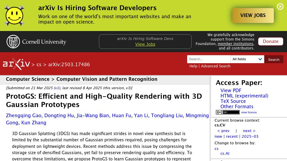 Screenshot of arxiv.org: ProtoGS: Efficient and High-Quality Rendering with 3D Gaussian Prototypes