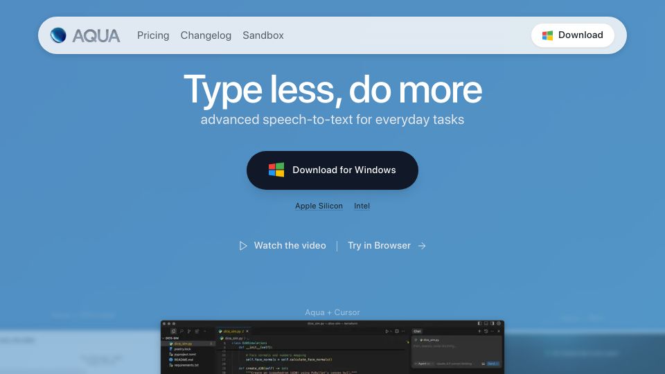 Screenshot of withaqua.com: Show HN: Aqua Voice 2 – Fast Voice Input for Mac and Windows