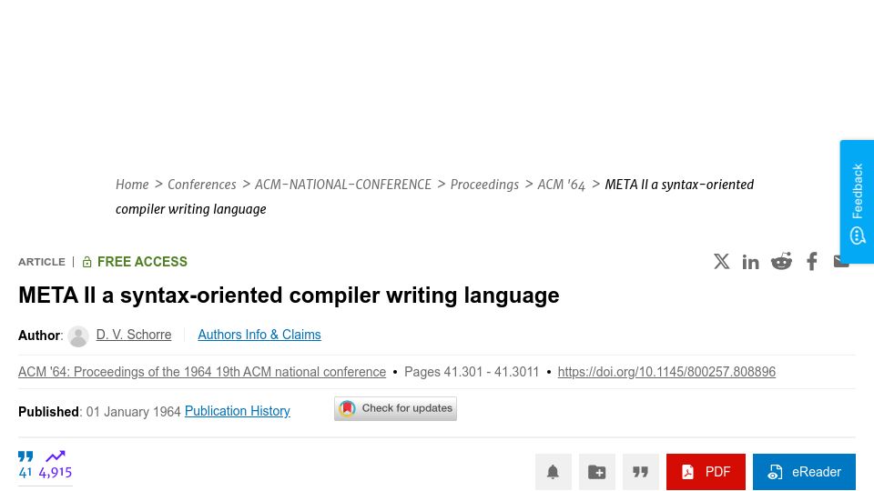 Screenshot of dl.acm.org: Meta II a syntax-oriented compiler writing language (1964)