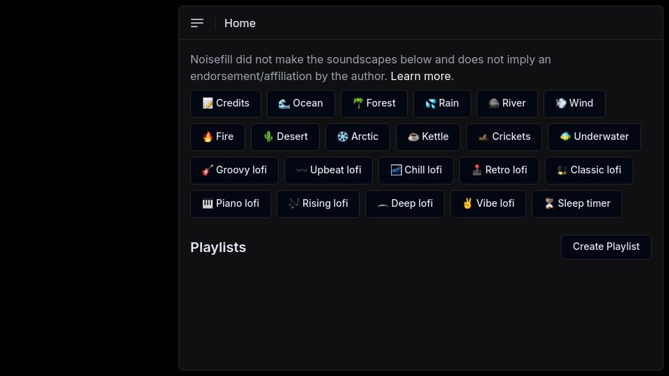 Screenshot of noisefill.com: Show HN: Soundscapes and Lofi Player