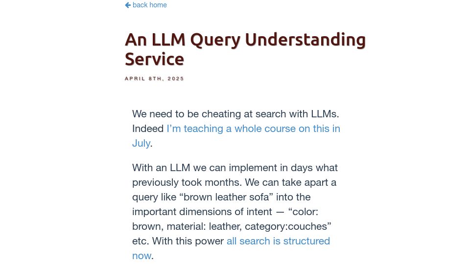 Screenshot of softwaredoug.com: An LLM Query Understanding Service