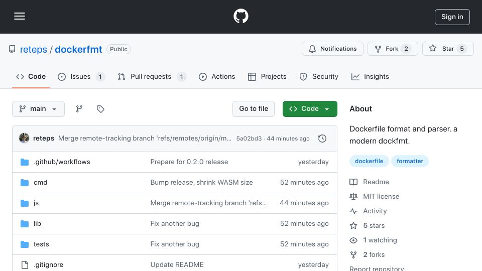 Screenshot of github.com: Dockerfmt: A Dockerfile Formatter
