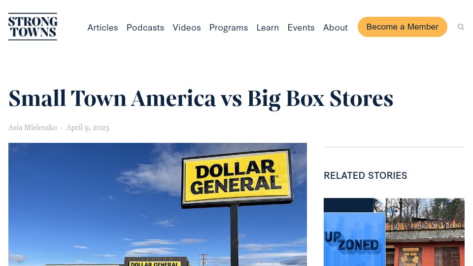 Screenshot of strongtowns.org: Small Town America vs. Big Box Stores