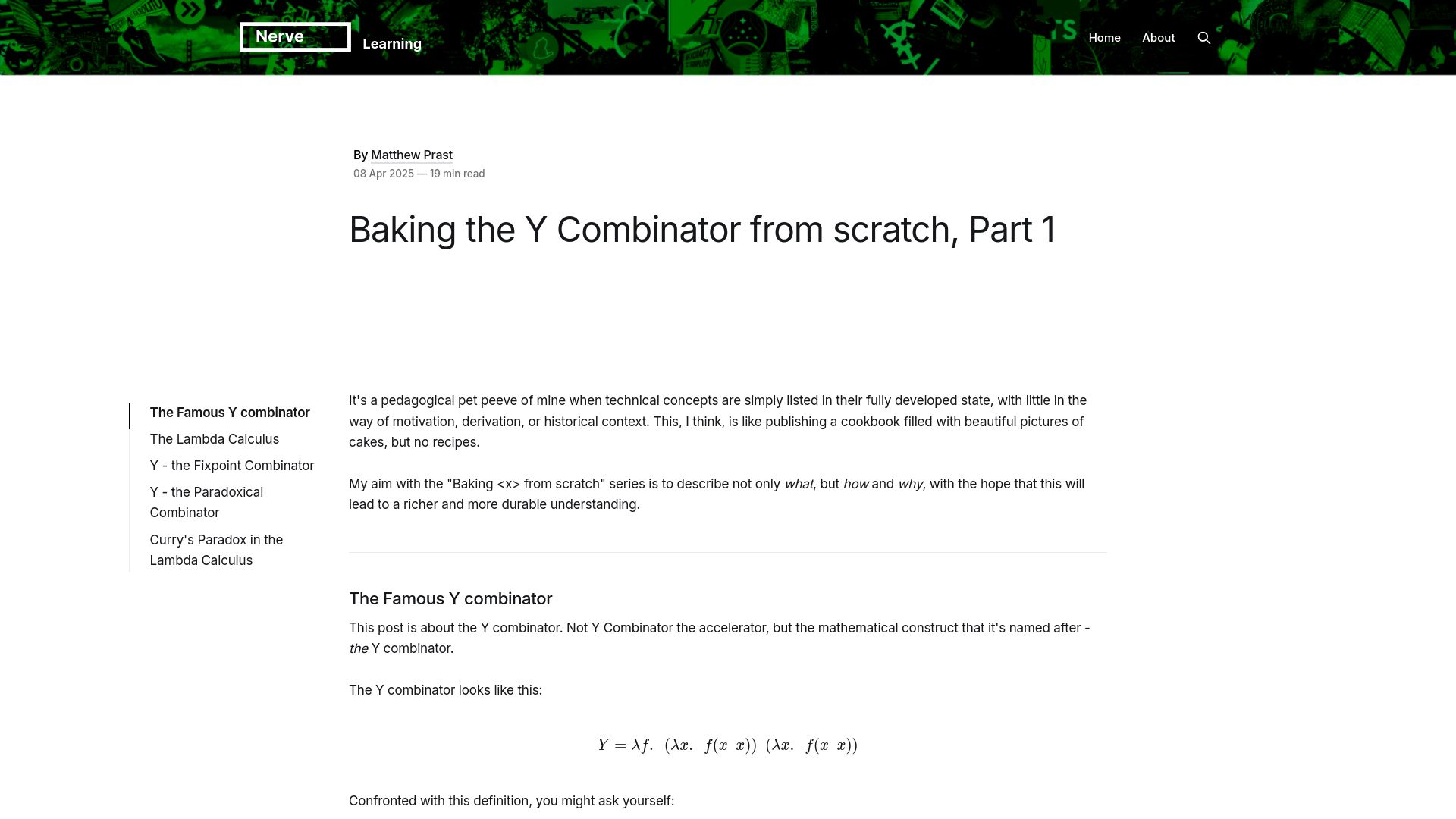 Screenshot of the-nerve-blog.ghost.io: Baking the Y Combinator from Scratch