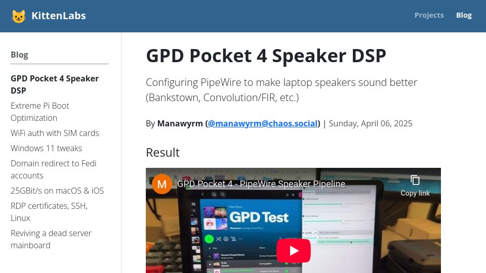 Screenshot of kittenlabs.de: GPD Pocket 4 Speaker DSP: Configuring PipeWire so laptop speakers sound better
