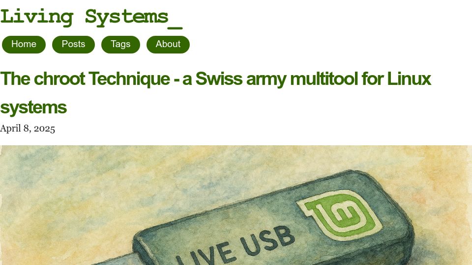 Screenshot of livesys.se: The chroot Technique – a Swiss army multitool for Linux systems