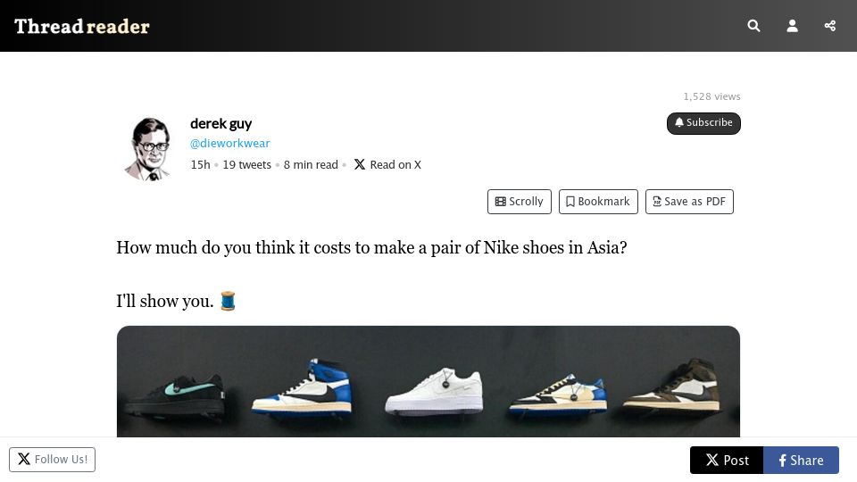 Screenshot of twitter.com: How much do you think it costs to make a pair of Nike shoes in Asia?