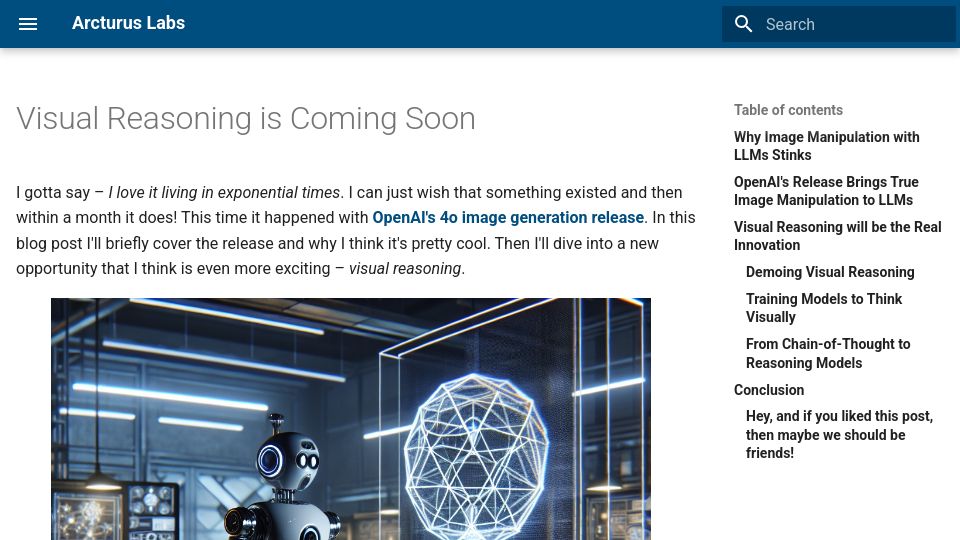 Screenshot of arcturus-labs.com: Visual Reasoning Is Coming Soon