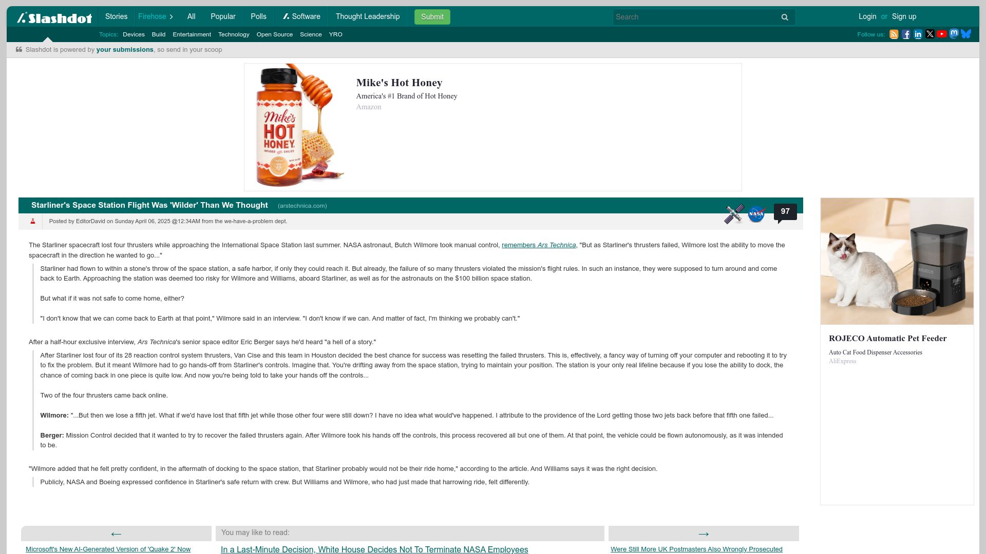 Screenshot of science.slashdot.org: Space Station Flight Was 'Wilder' Than We Thought
