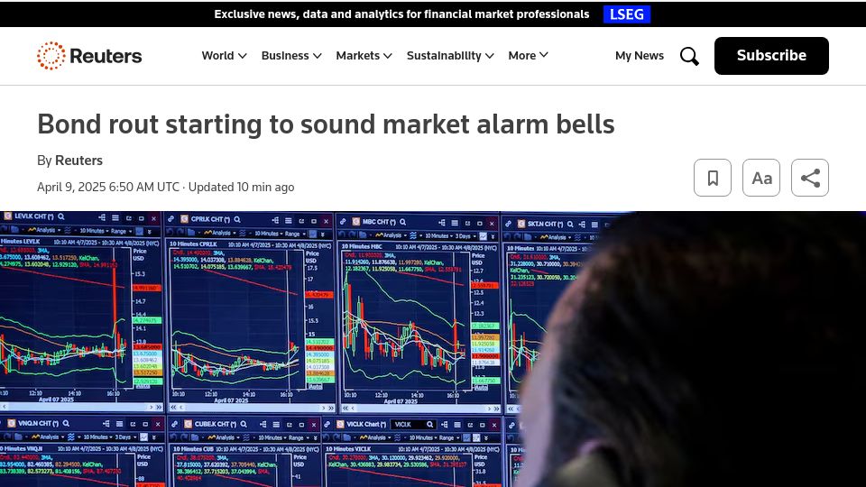 Screenshot of reuters.com: Bond rout starting to sound market alarm bells