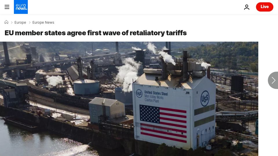 Screenshot of euronews.com: EU member states agree first wave of retaliatory tariffs