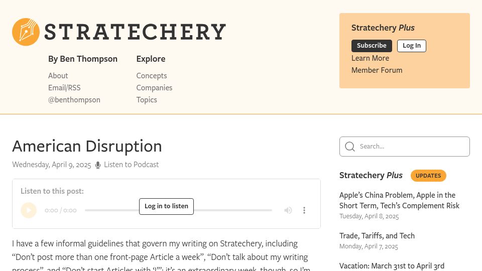 Screenshot of stratechery.com: American Disruption