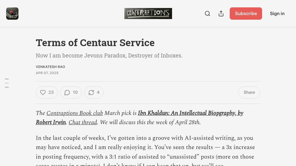 Screenshot of contraptions.venkateshrao.com: Terms of Centaur Service