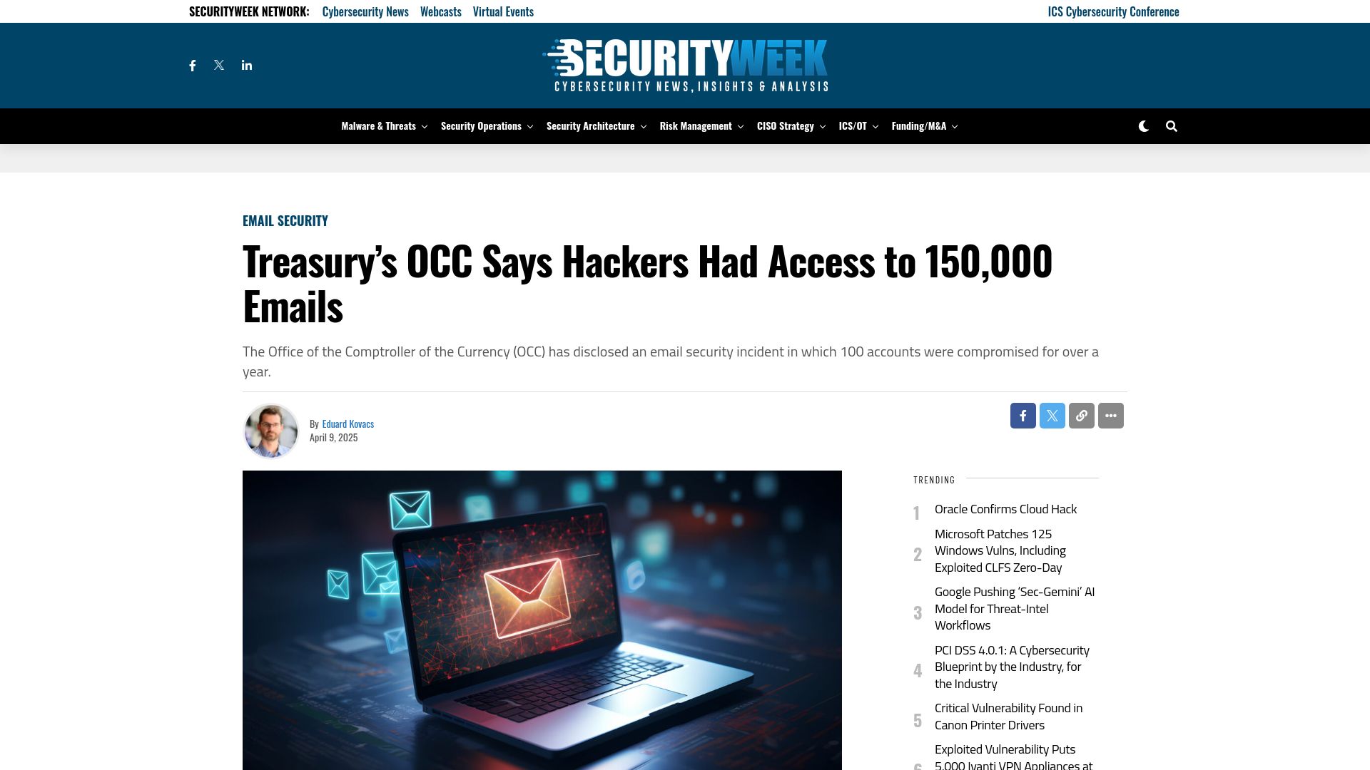 Screenshot of securityweek.com: Treasury's OCC Says Hackers Had Access to 150k Emails