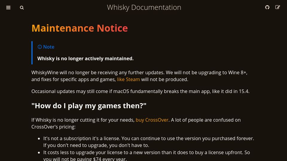 Screenshot of docs.getwhisky.app: Whisky is no longer actively maintained