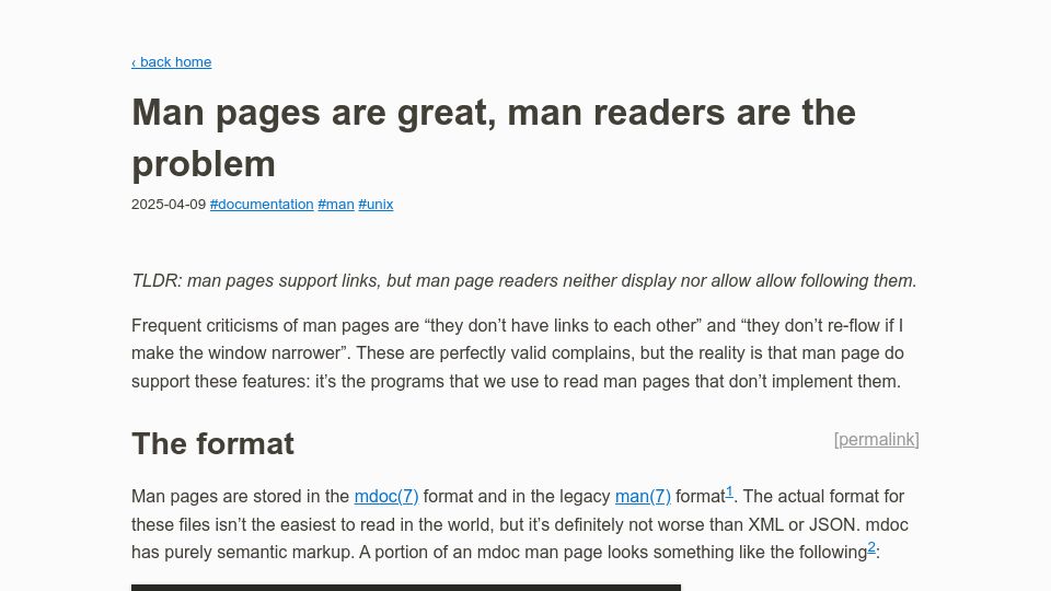 Screenshot of whynothugo.nl: Man pages are great, man readers are the problem