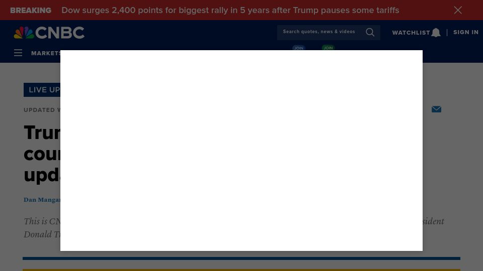Screenshot of cnbc.com: Trump temporarily drops tariffs to 10% for most countries