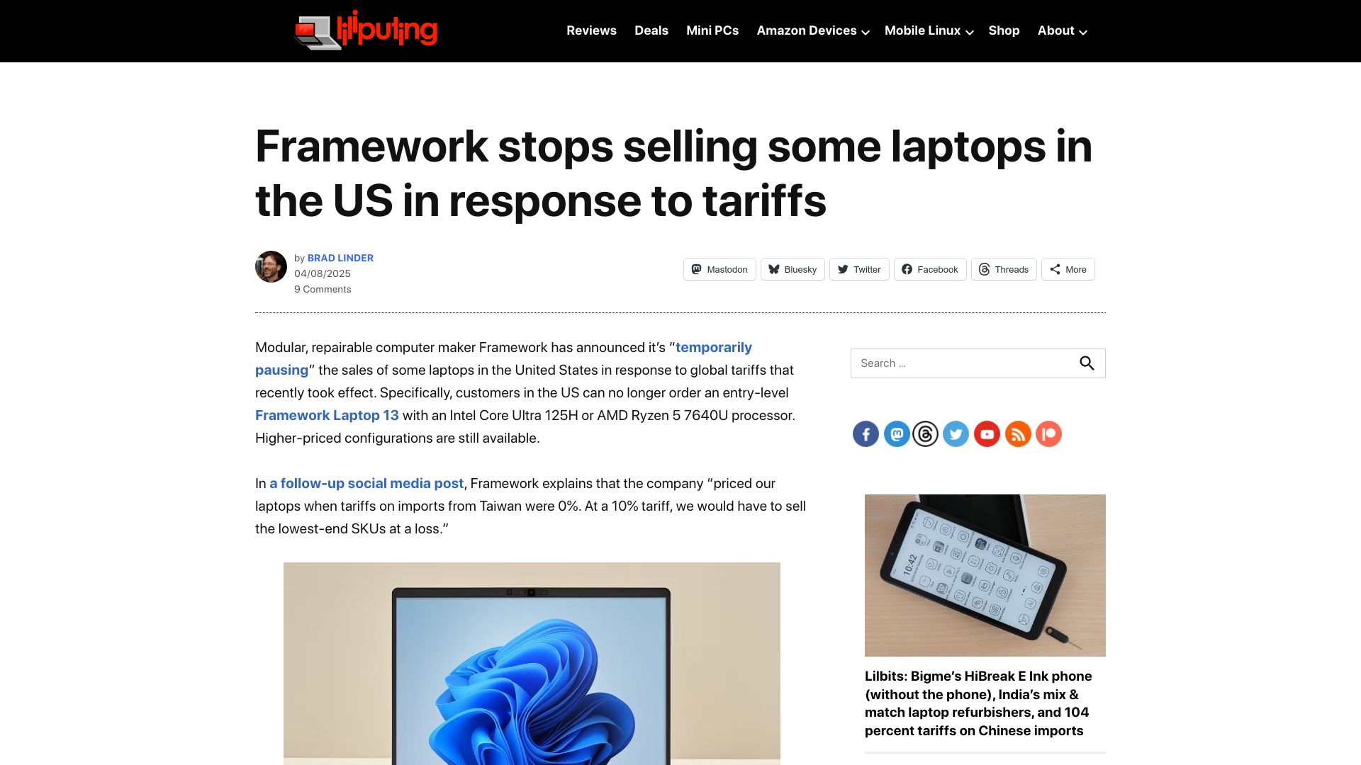 Screenshot of liliputing.com: Framework stops selling some laptops in the US in response to tariffs