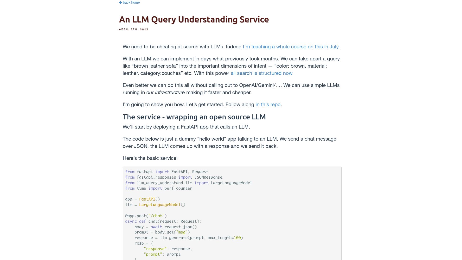 Screenshot of softwaredoug.com: An LLM Query Understanding Service
