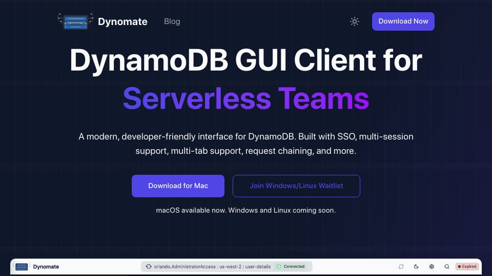 Screenshot of dynomate.io: Show HN: Dynomate– Fast, Git-Friendly DynamoDB GUI Client (Dynobase Alternative)