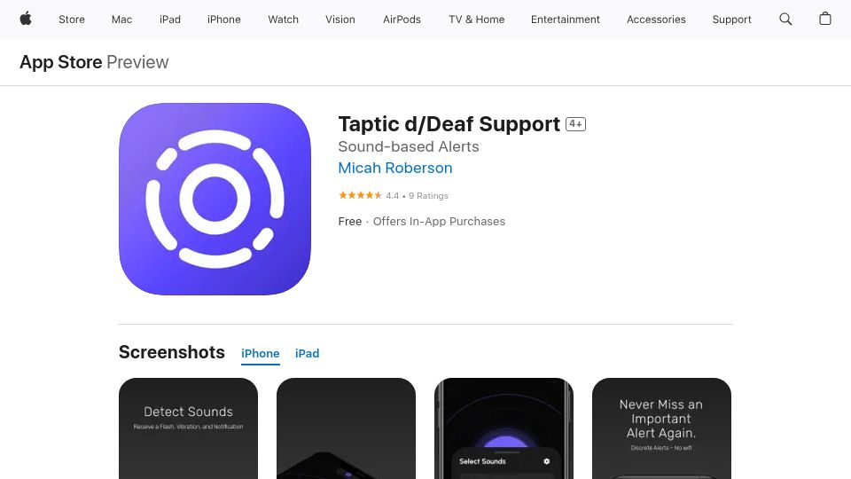 Screenshot of apps.apple.com: Deaf "hearing" companion- Alerts for people who can't hear sounds they should