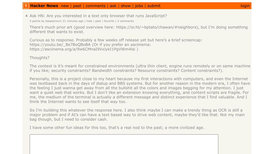 Screenshot of Hacker News post: Ask HN: Are you interested in a text only browser that runs JavaScript?