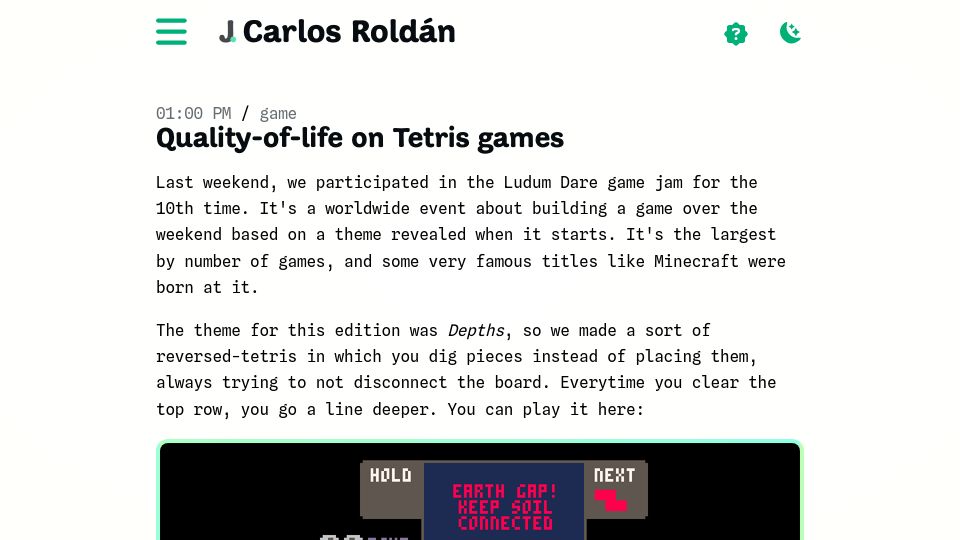 Screenshot of jcarlosroldan.com: Quality-of-Life in Tetris Games