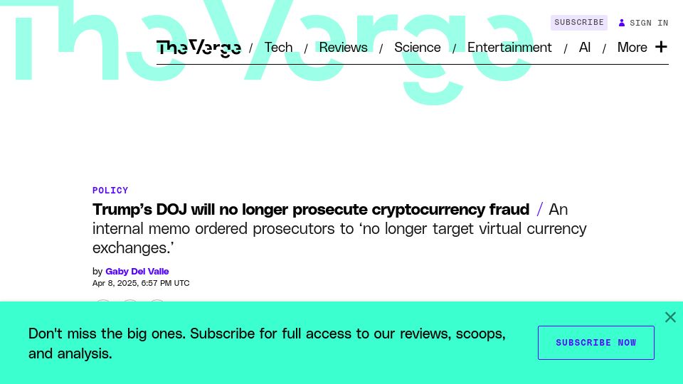 Screenshot of theverge.com: DOJ will no longer prosecute cryptocurrency fraud