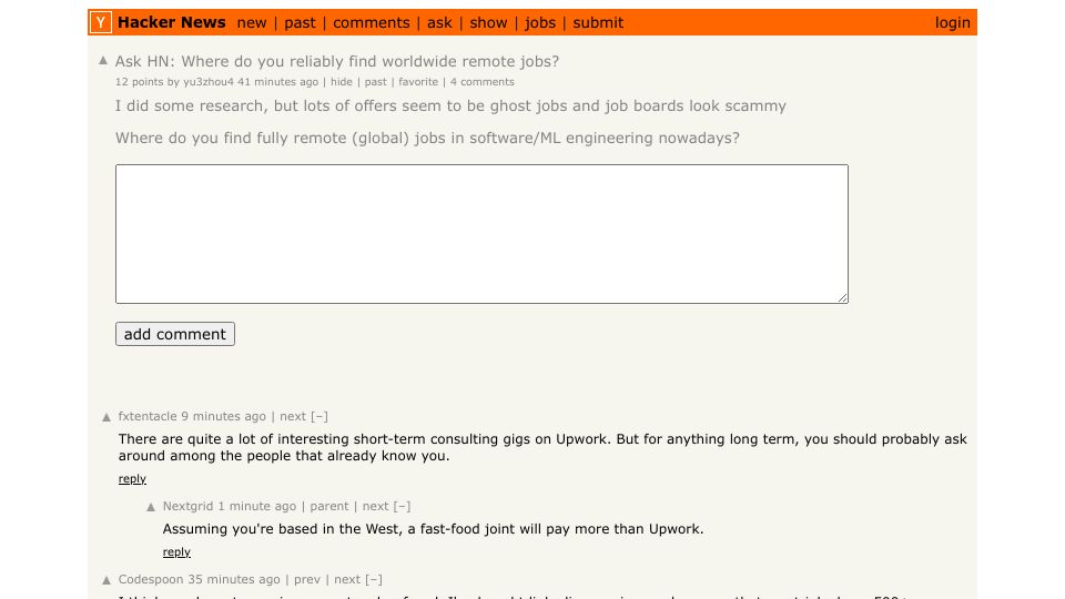 Screenshot of Hacker News post: Ask HN: Where do you reliably find worldwide remote jobs?