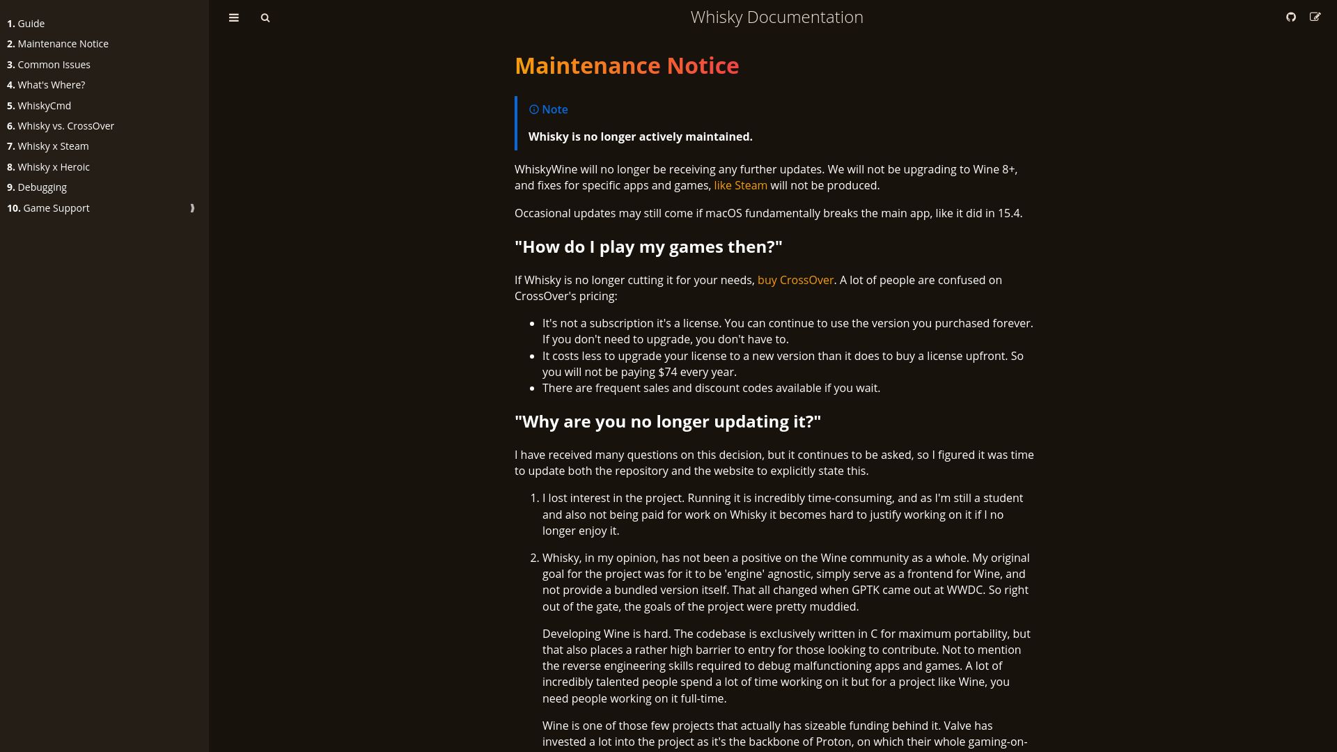 Screenshot of docs.getwhisky.app: Whisky is no longer actively maintained