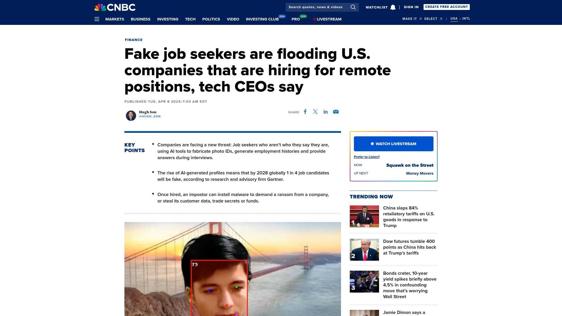 Screenshot of cnbc.com: Fake job seekers are flooding US companies that are hiring for remote positions