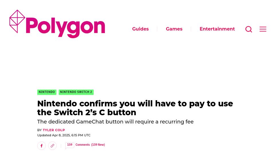 Screenshot of polygon.com: Nintendo confirms you will have to pay to use the Switch 2's C button
