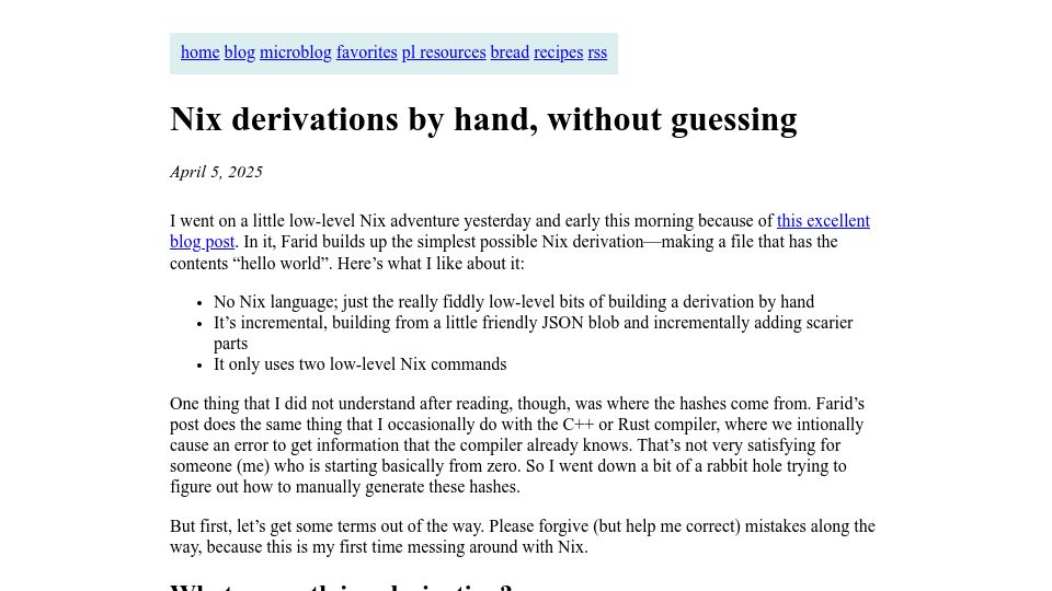 Screenshot of bernsteinbear.com: Nix Derivations, Without Guessing