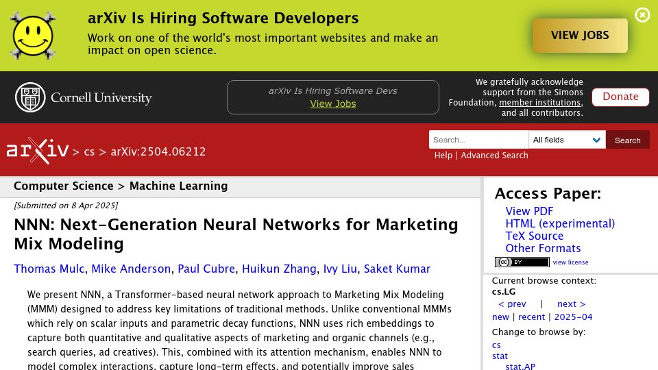 Screenshot of arxiv.org: NNN: Next-Generation Neural Networks for Marketing Mix Modeling
