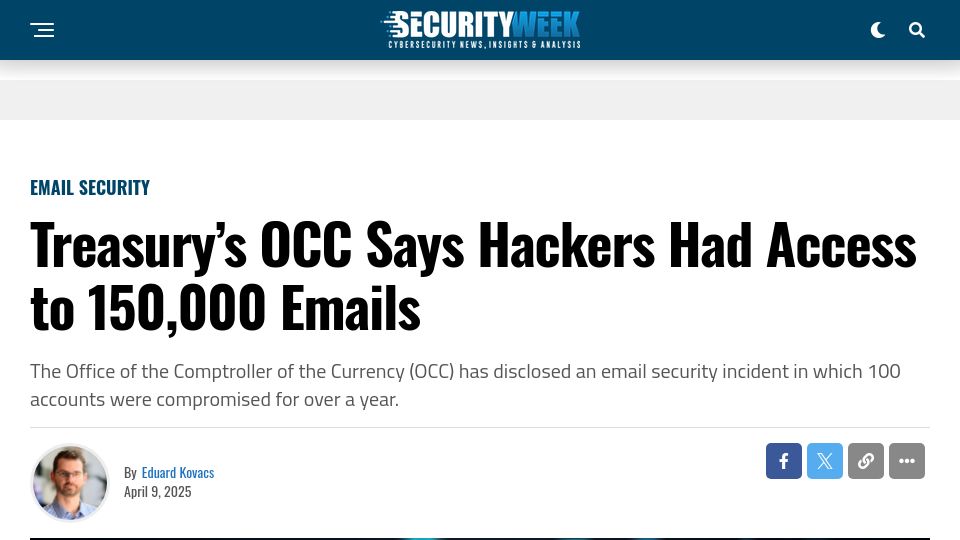 Screenshot of securityweek.com: Treasury's OCC Says Hackers Had Access to 150k Emails