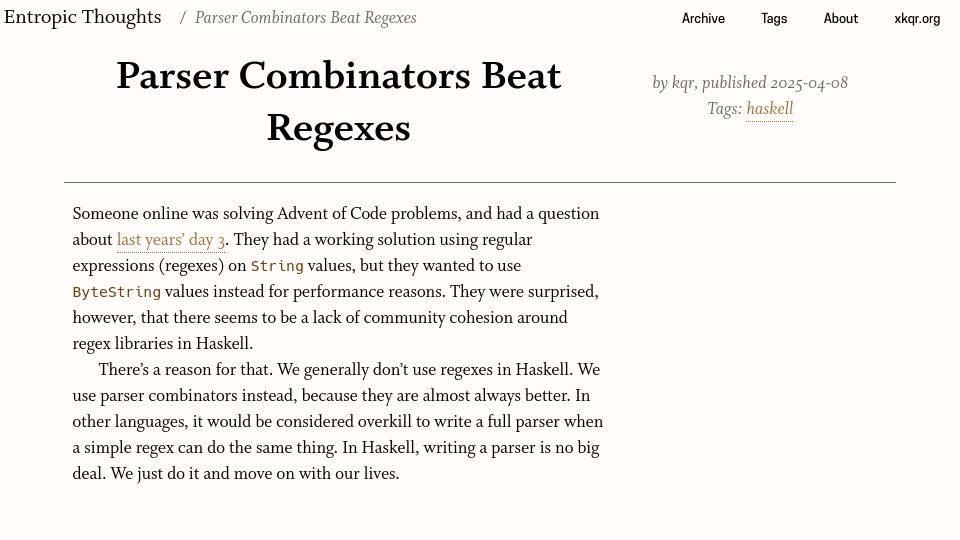 Screenshot of entropicthoughts.com: Parser Combinators Beat Regexes