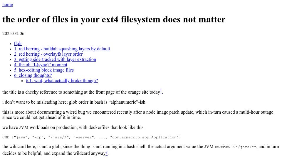 Screenshot of thewisenerd.com: The order of files in your ext4 filesystem does not matter