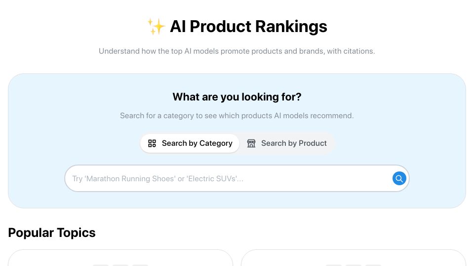 Screenshot of productrank.ai: Show HN: Comparing product rankings by OpenAI, Anthropic, and Perplexity