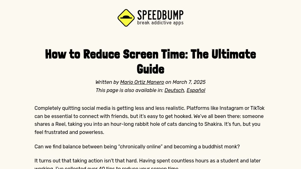 Screenshot of speedbumpapp.com: A guide to reduce screen time