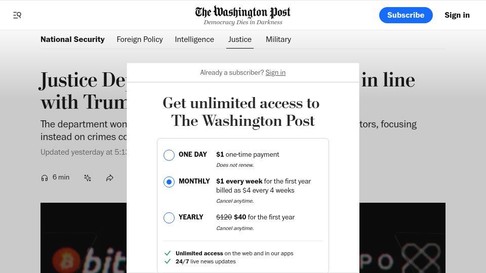 Screenshot of washingtonpost.com: Justice Dept. scales back crypto cases in line with Trump administration memo
