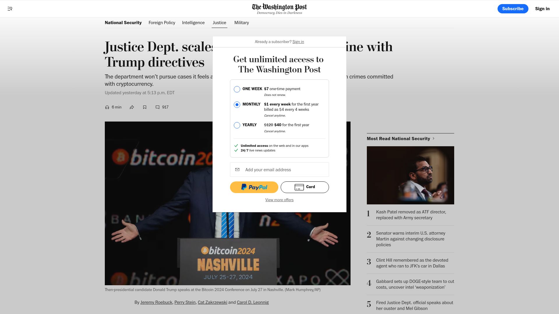 Screenshot of washingtonpost.com: Justice Dept. scales back crypto cases in line with Trump administration memo