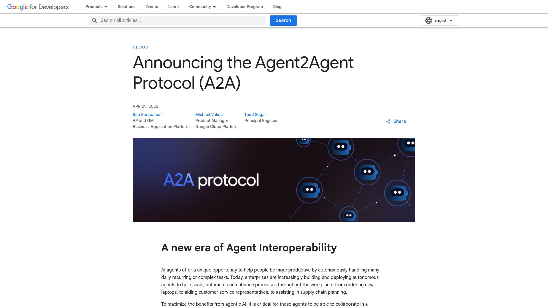 Screenshot of developers.googleblog.com: The Agent2Agent Protocol (A2A)