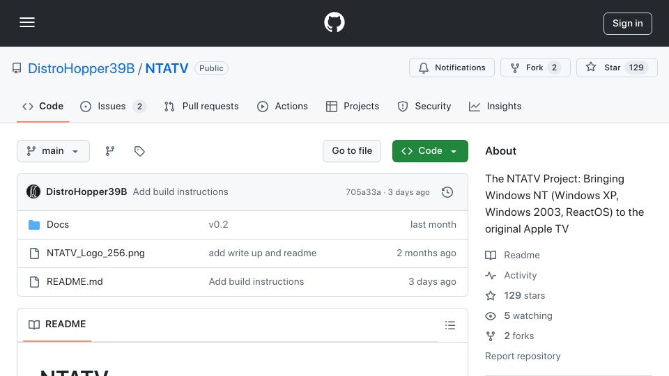 Screenshot of github.com: NTATV: Bringing Windows NT (Windows XP, Windows 2003) to the Original Apple TV