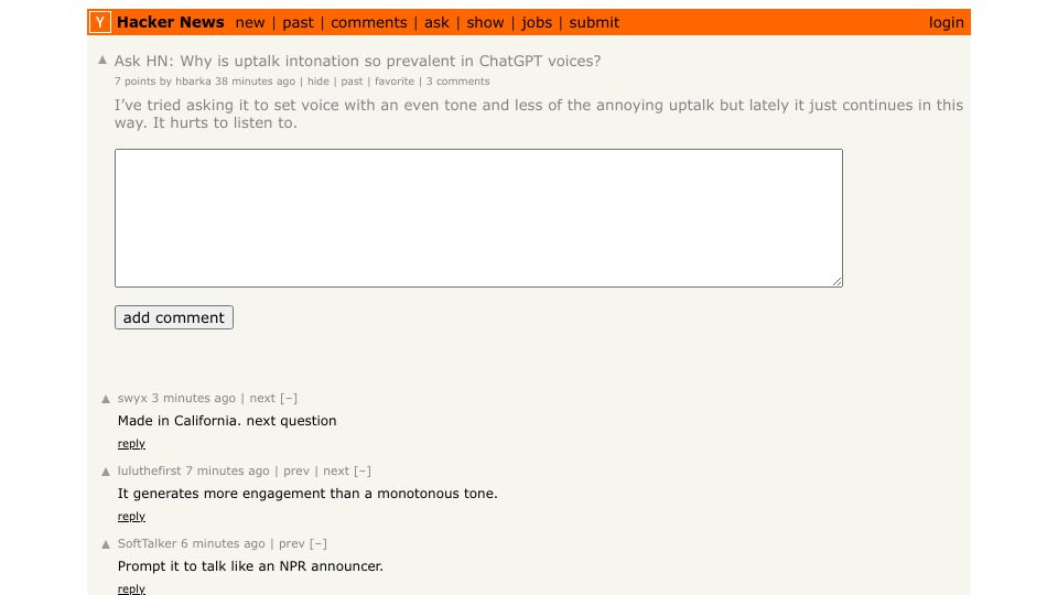 Screenshot of Hacker News post: Ask HN: Why is uptalk intonation so prevalent in ChatGPT voices?