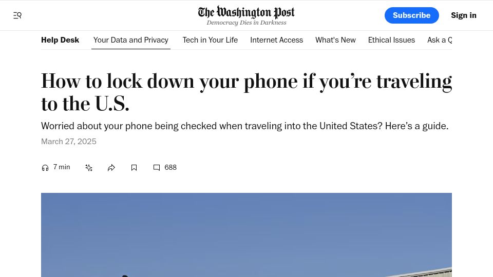 Screenshot of washingtonpost.com: How to lock down your phone if you're traveling to the U.S.