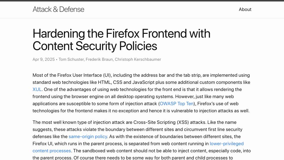 Screenshot of attackanddefense.dev: Hardening the Firefox Front End with Content Security Policies