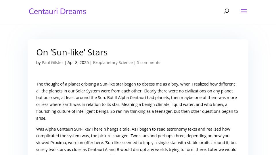 Screenshot of centauri-dreams.org: 'Sun-Like' Stars
