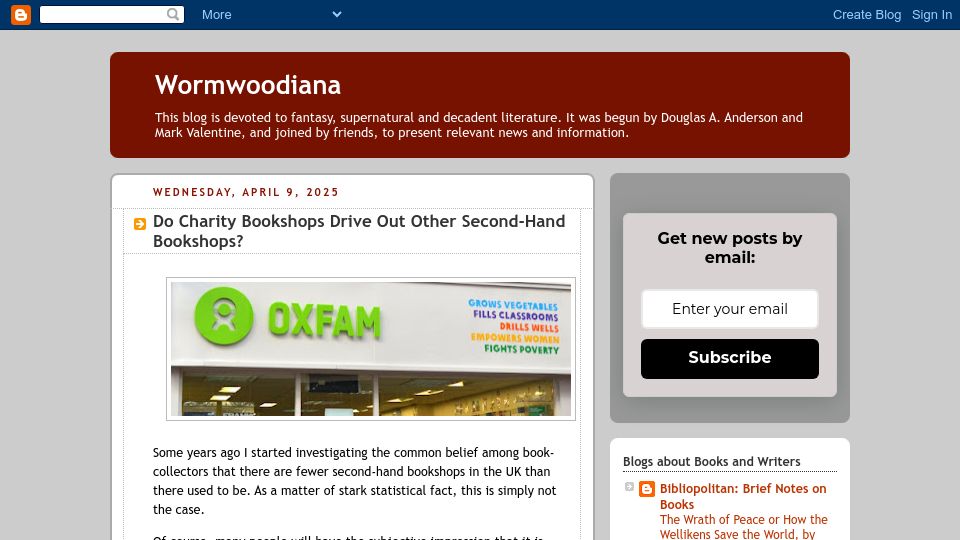 Screenshot of wormwoodiana.blogspot.com: Do charity bookshops drive out other second-hand bookshops?