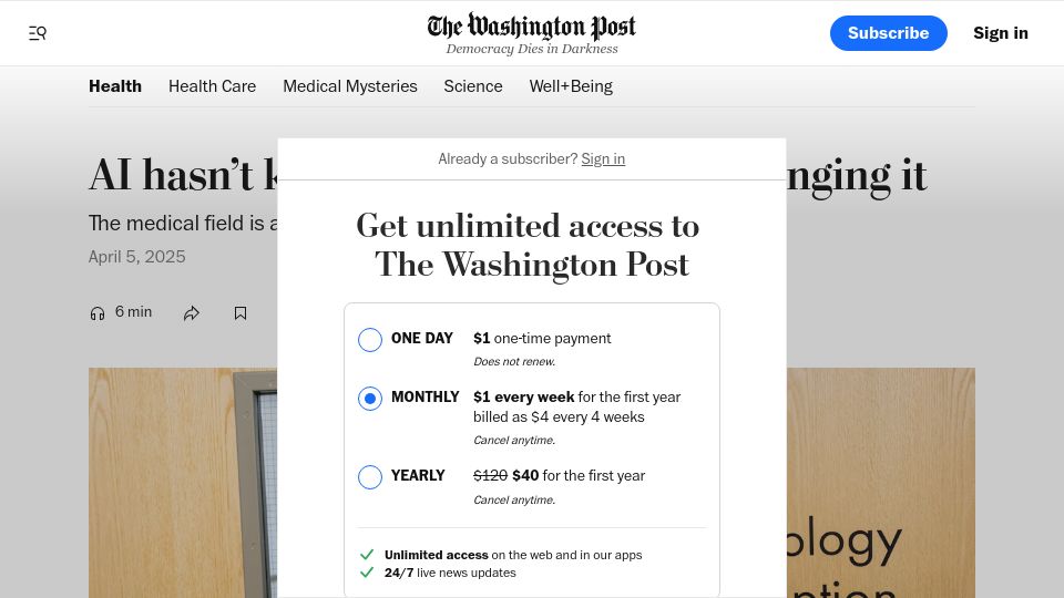 Screenshot of washingtonpost.com: AI hasn't killed radiology, but it is changing it